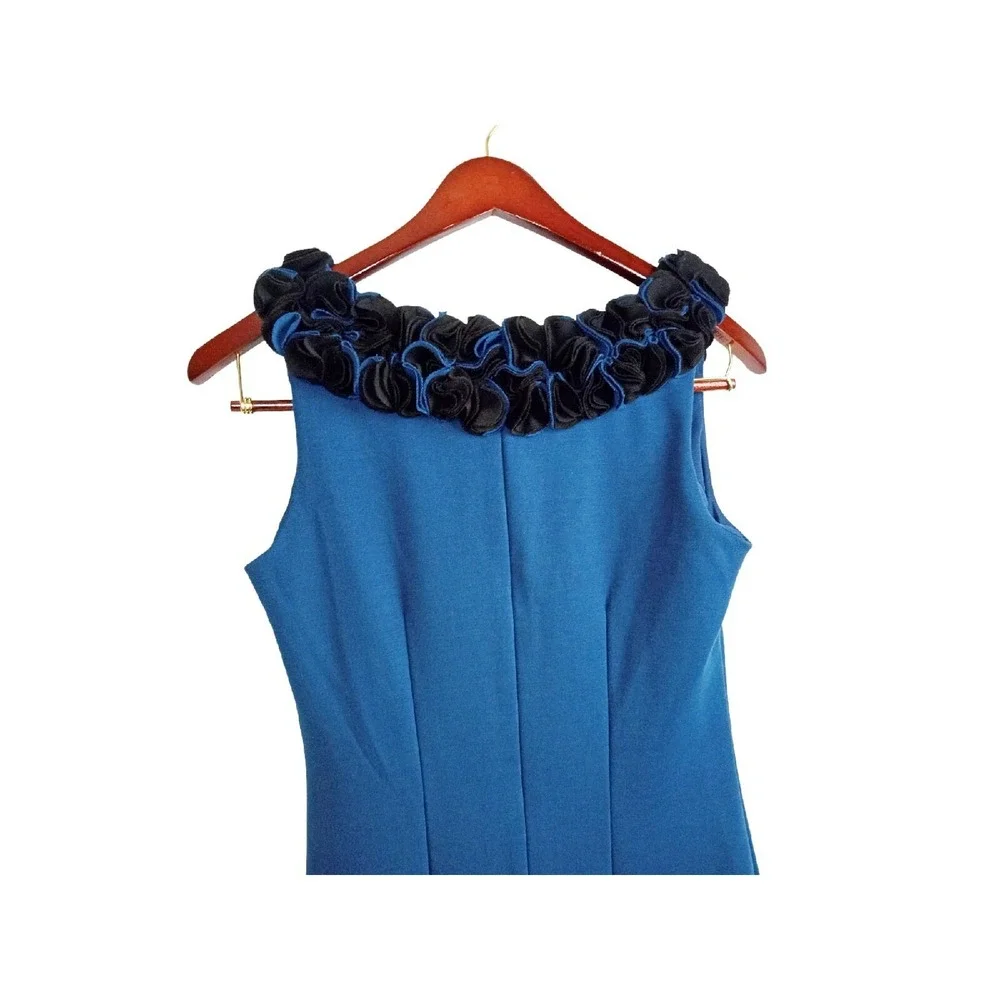 Adrienne Vittadini Size 4 Women's Sleeveless Sheath Blue‎ Dress Ruffle Neckline